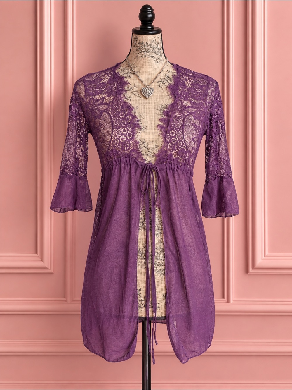 Avid Love Purple Lace Sheer Robe Tie-Front Chemise Size S